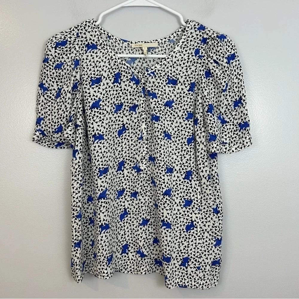 MAJE Lensam Floral Leaf Blue/White V-neck Short Puff Shoulder Blouse Size Small